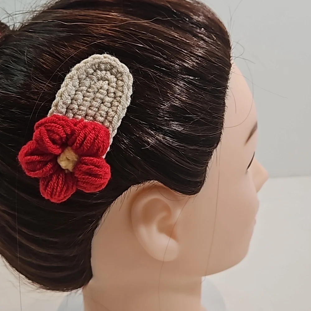 Hand Crafted Handmade Crochet Hair Clip Hand knit Puffy Red Flower Snap Clip 3